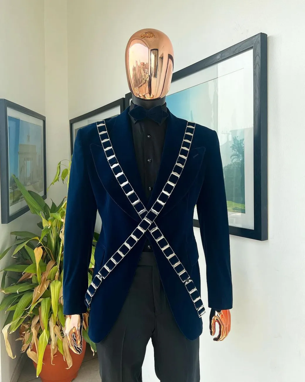 An “X” Midnight Blue, soaked velvet fabric, knitted, wide peak lapel tuxedo suit