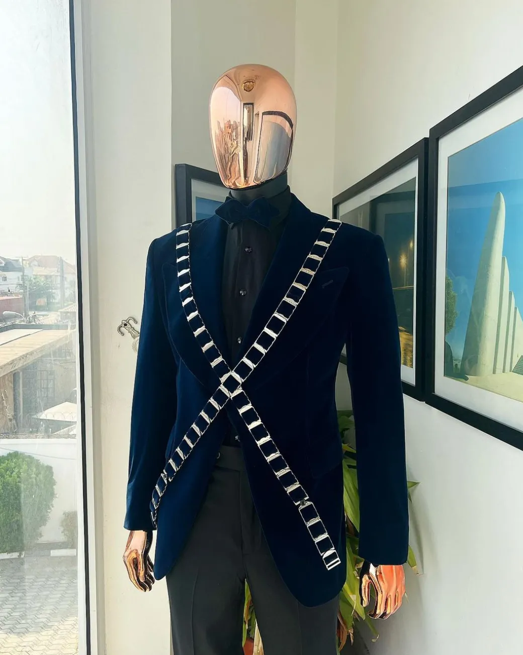 An “X” Midnight Blue, soaked velvet fabric, knitted, wide peak lapel tuxedo suit