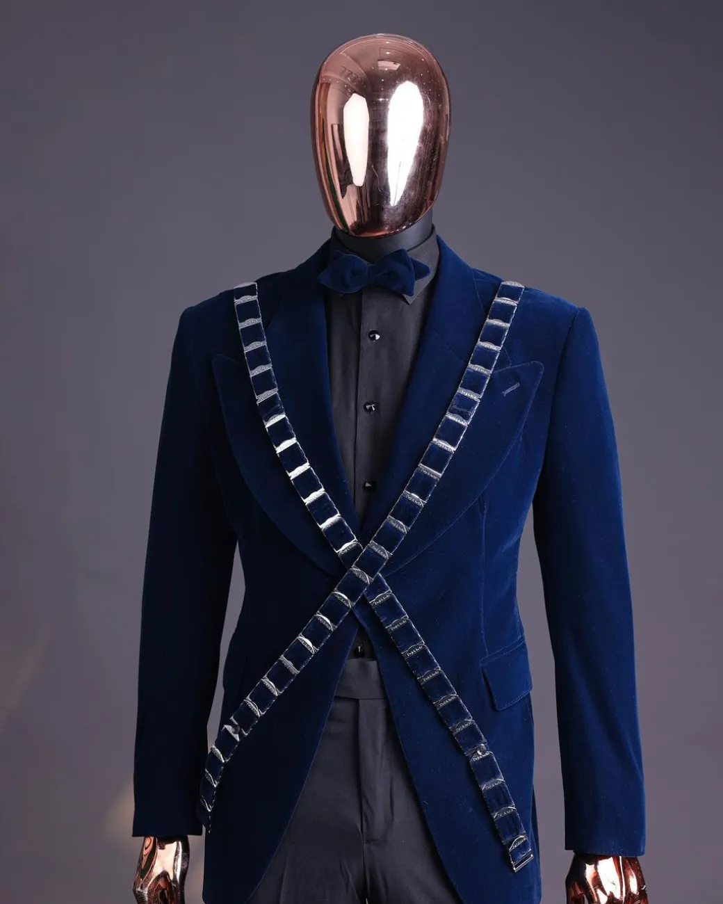An “X” Midnight Blue, soaked velvet fabric, knitted, wide peak lapel tuxedo suit