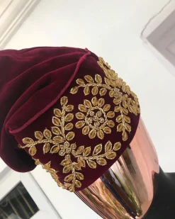 Burgundy and Gold Crystals Studs Embroidery African Hat