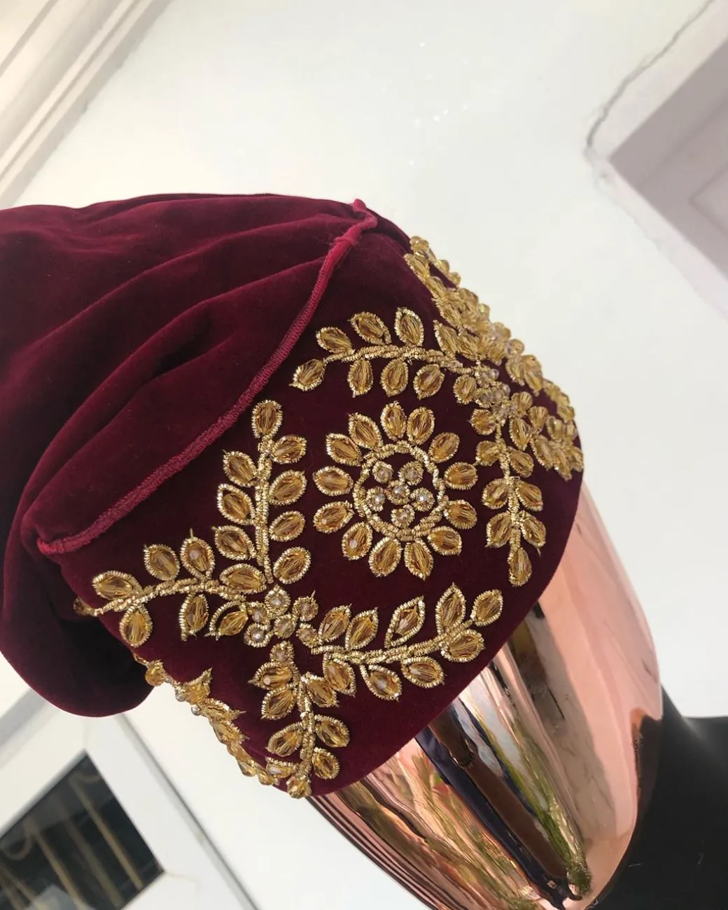 Burgundy and Gold Crystals Studs Embroidery African Hat