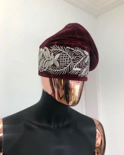 Burgundy and Silver Embroidery Yoruba Traditional Ide Cap