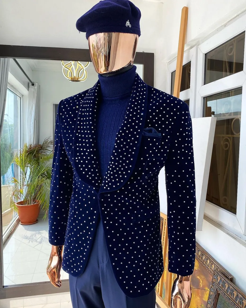 Italian velvet blazer suit with silver Swarovski stone details