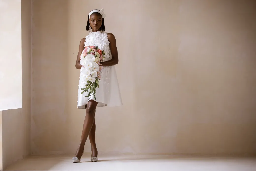Ivory Short Bridal Dress With Swarovski Crystal and Petals Detailing