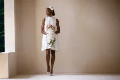 Ivory Short Bridal Dress With Swarovski Crystal and Petals Detailing