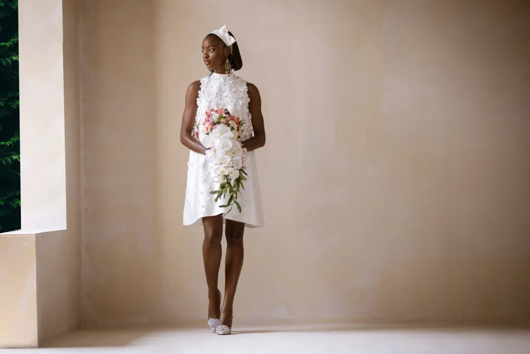 Ivory Short Bridal Dress With Swarovski Crystal and Petals Detailing