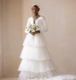 Mikado Satin Tiered Long Sleeve Tulle Bridal Dress/Gown