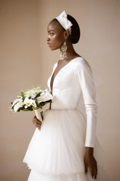 Mikado Satin Tiered Long Sleeve Tulle Bridal Dress/Gown