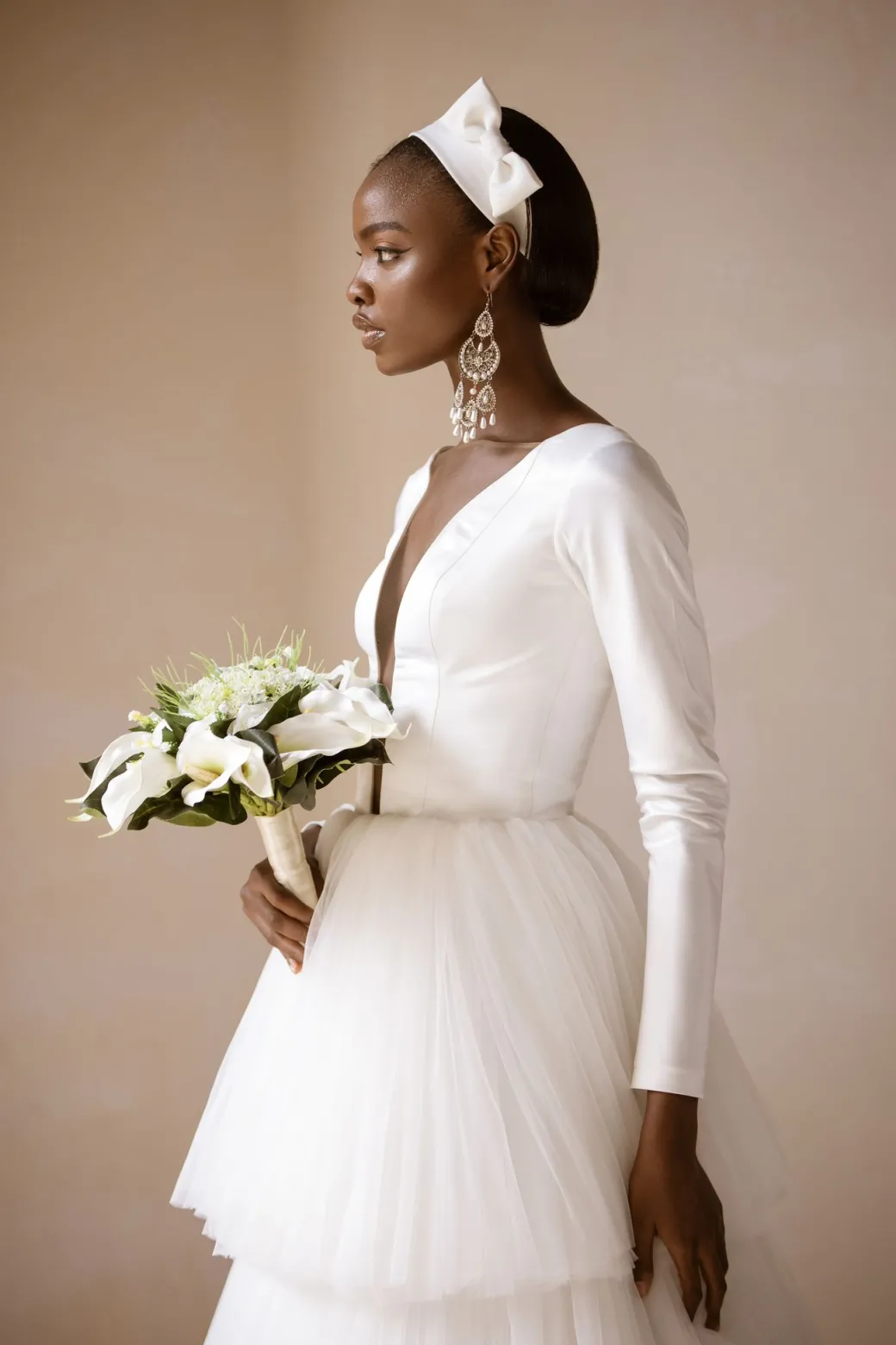 Mikado Satin Tiered Long Sleeve Tulle Bridal Dress/Gown