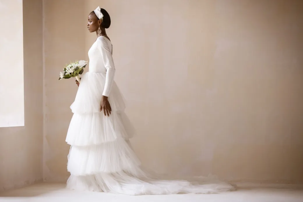 Mikado Satin Tiered Long Sleeve Tulle Bridal Dress/Gown