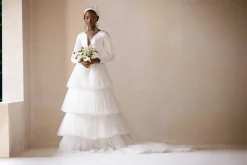 Mikado Satin Tiered Long Sleeve Tulle Bridal Dress/Gown