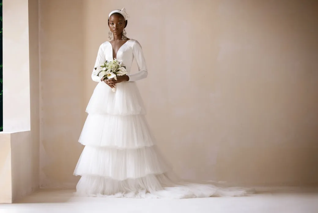 Mikado Satin Tiered Long Sleeve Tulle Bridal Dress/Gown