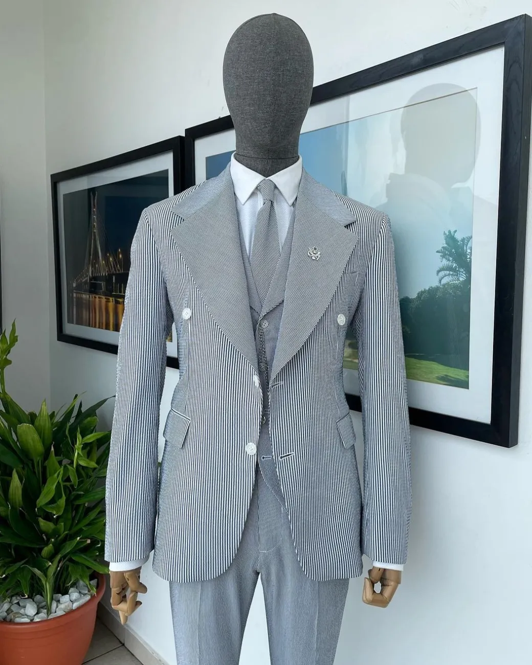 Monochrome seersucker (rail road stripe) notch lapel suit