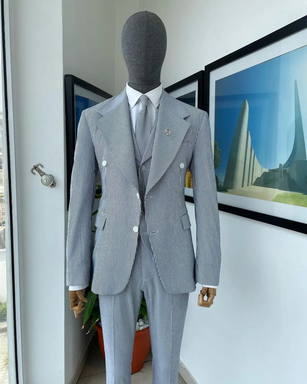 Monochrome seersucker (rail road stripe) notch lapel suit