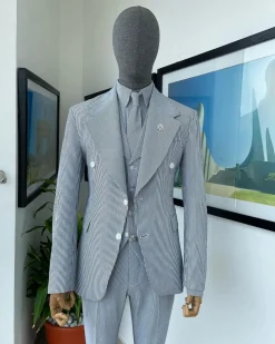 Monochrome seersucker (rail road stripe) notch lapel suit