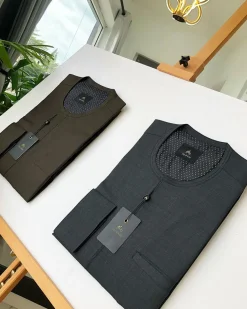 Navy Blue and Brown Front Flap Detailing Kaftan