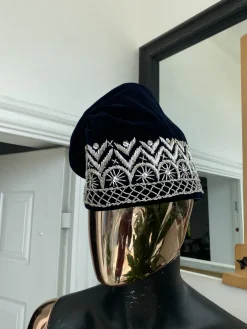Navy blue and silver glass bead Embroidery Yoruba Traditional Ide Cap