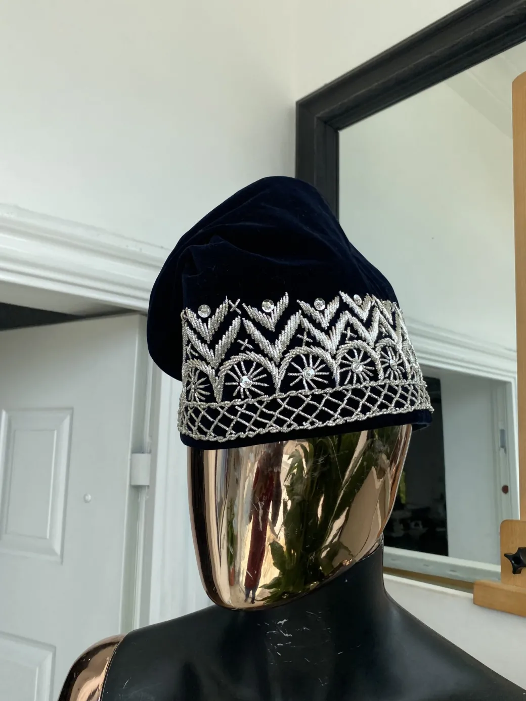 Navy blue and silver glass bead Embroidery Yoruba Traditional Ide Cap