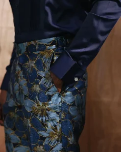 Navy, Skye blue, with a splash of gold-printed jacquard pants