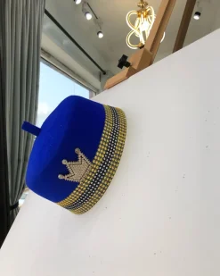 Royal Blue African Traditional Hat With Gold Adornment