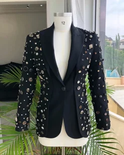 The Charcoal Black “675 – No Longer At Ease” Pearls, bronze, silver Buttons and Studs Suit