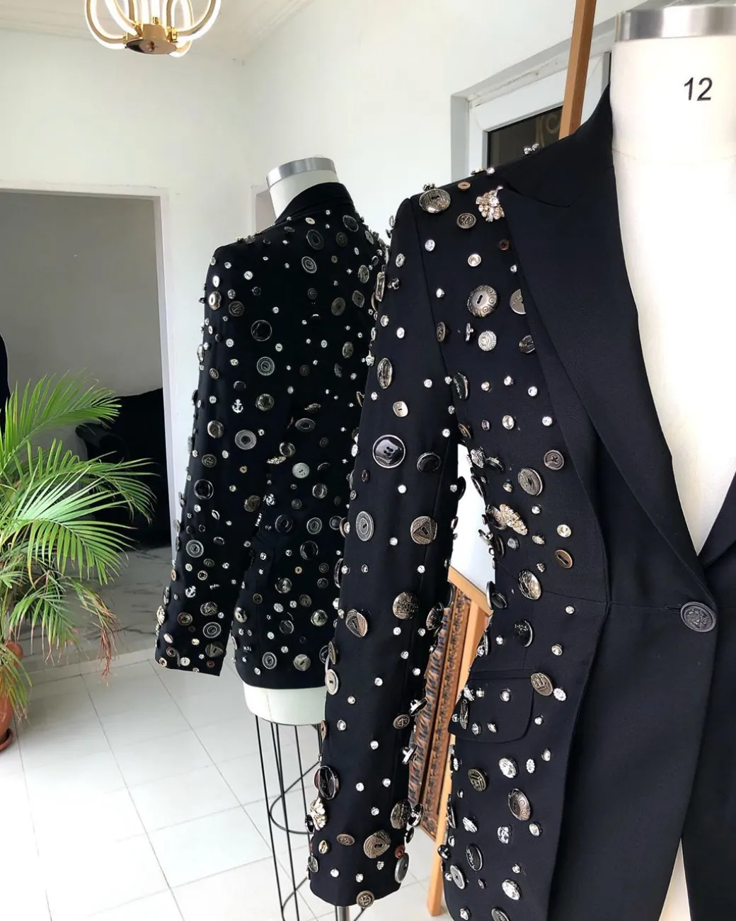 The Charcoal Black “675 – No Longer At Ease” Pearls, bronze, silver Buttons and Studs Suit