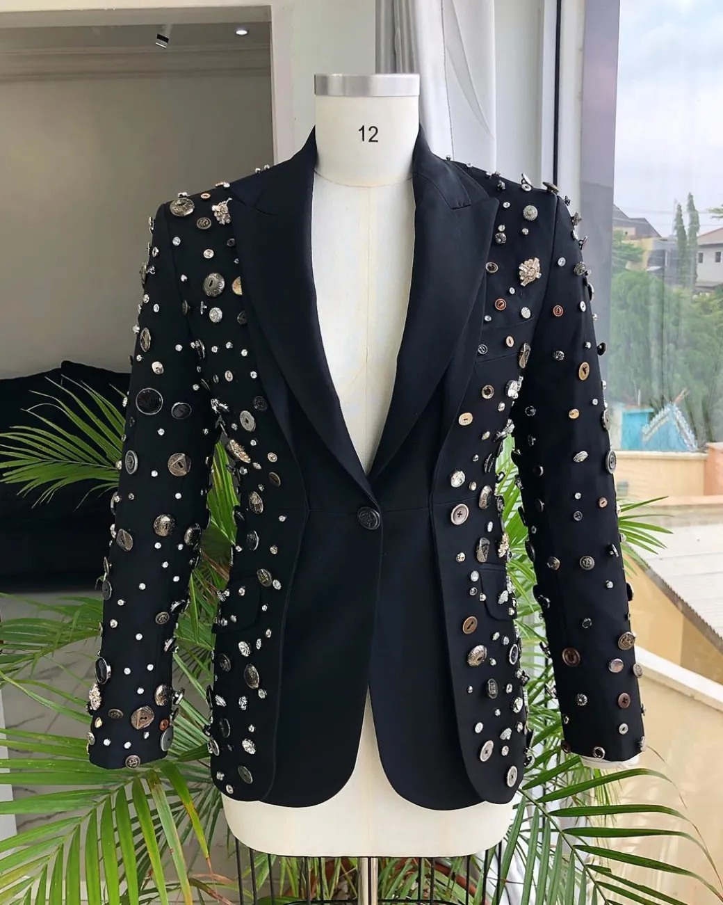 The Charcoal Black “675 – No Longer At Ease” Pearls, bronze, silver Buttons and Studs Suit