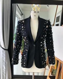 The Charcoal Black “675 – No Longer At Ease” Pearls, bronze, silver Buttons and Studs Suit