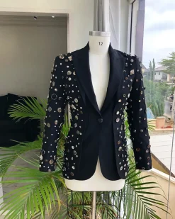 The Charcoal Black “675 – No Longer At Ease” Pearls, bronze, silver Buttons and Studs Suit