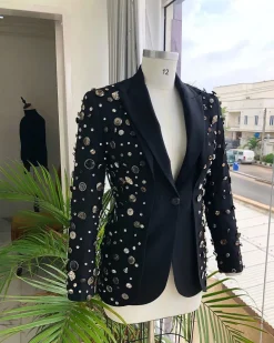 The Charcoal Black “675 – No Longer At Ease” Pearls, bronze, silver Buttons and Studs Suit