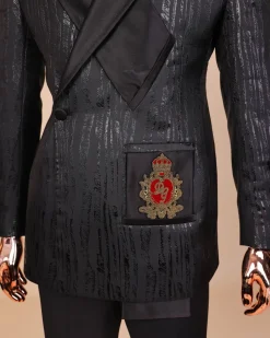 The “Da Vinci” charcoal black, metallic jacquard, single lapel, mid cut intersect strap tuxedo suit.
