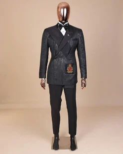 The “Da Vinci” charcoal black, metallic jacquard, single lapel, mid cut intersect strap tuxedo suit.