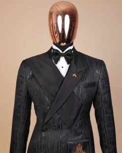 The “Da Vinci” charcoal black, metallic jacquard, single lapel, mid cut intersect strap tuxedo suit.