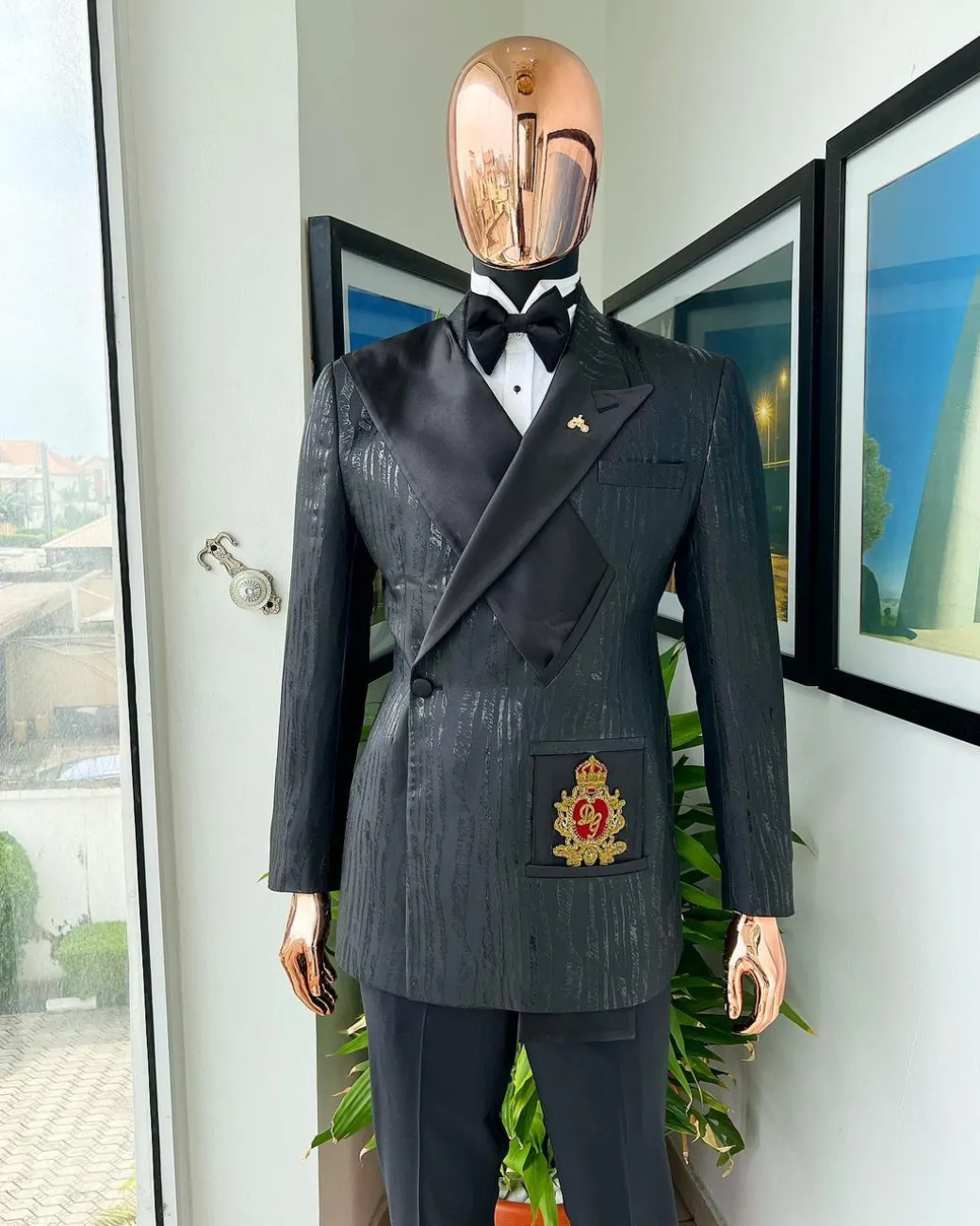 The “Da Vinci” charcoal black, metallic jacquard, single lapel, mid cut intersect strap tuxedo suit.