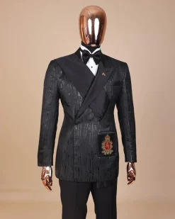The “Da Vinci” charcoal black, metallic jacquard, single lapel, mid cut intersect strap tuxedo suit.