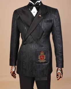 The “Da Vinci” charcoal black, metallic jacquard, single lapel, mid cut intersect strap tuxedo suit.