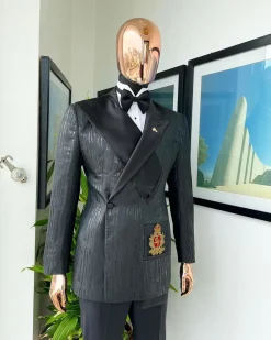 The “Da Vinci” charcoal black, metallic jacquard, single lapel, mid cut intersect strap tuxedo suit.