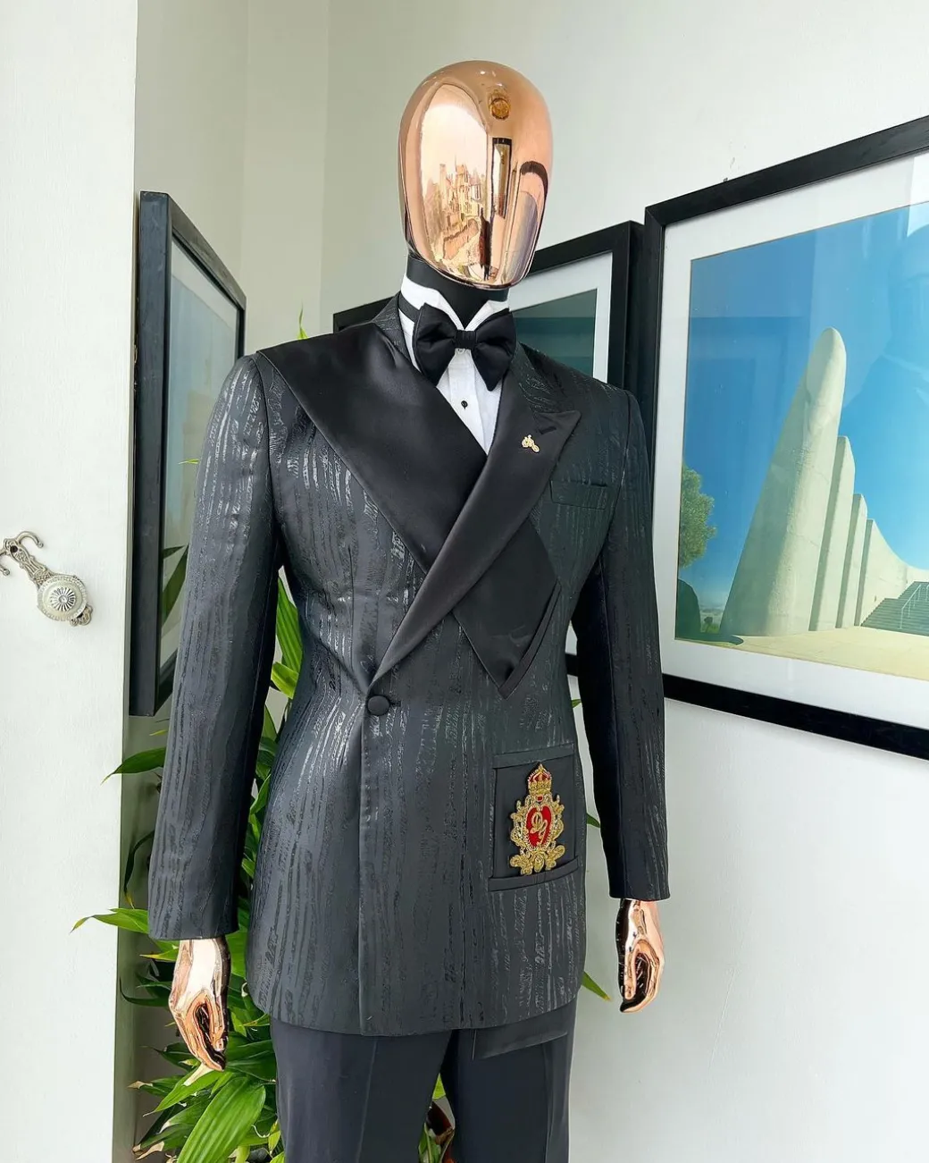 The “Da Vinci” charcoal black, metallic jacquard, single lapel, mid cut intersect strap tuxedo suit.