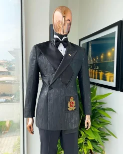 The “Da Vinci” charcoal black, metallic jacquard, single lapel, mid cut intersect strap tuxedo suit.