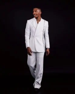 The “Equity” Ivory White Jacquard, Dropped And Point Slack Peak Lapel Suit