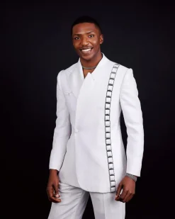 The “Equity” Ivory White Jacquard, Dropped And Point Slack Peak Lapel Suit