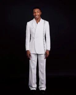 The “Equity” Ivory White Jacquard, Dropped And Point Slack Peak Lapel Suit