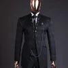 The “Ever After” charcoal black, half front cut, rectangle dropping pattern jacquard suit.