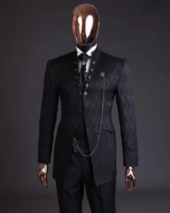 The “Ever After” charcoal black, half front cut, rectangle dropping pattern jacquard suit.