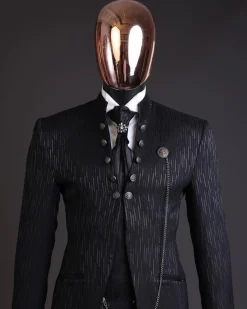 The “Ever After” charcoal black, half front cut, rectangle dropping pattern jacquard suit.