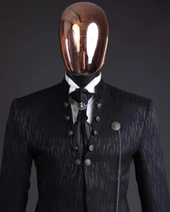 The “Ever After” charcoal black, half front cut, rectangle dropping pattern jacquard suit.