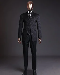 The “Ever After” charcoal black, half front cut, rectangle dropping pattern jacquard suit.