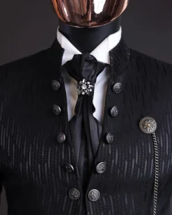 The “Ever After” charcoal black, half front cut, rectangle dropping pattern jacquard suit.