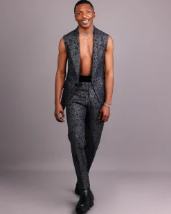 The “Gifted” Navy Blue & Silver Wire Metallic Jacquard Armless Peak Lapel Suit