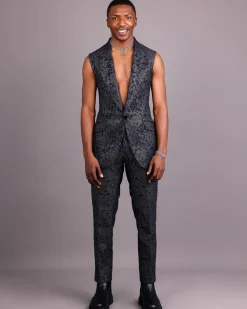 The “Gifted” Navy Blue & Silver Wire Metallic Jacquard Armless Peak Lapel Suit